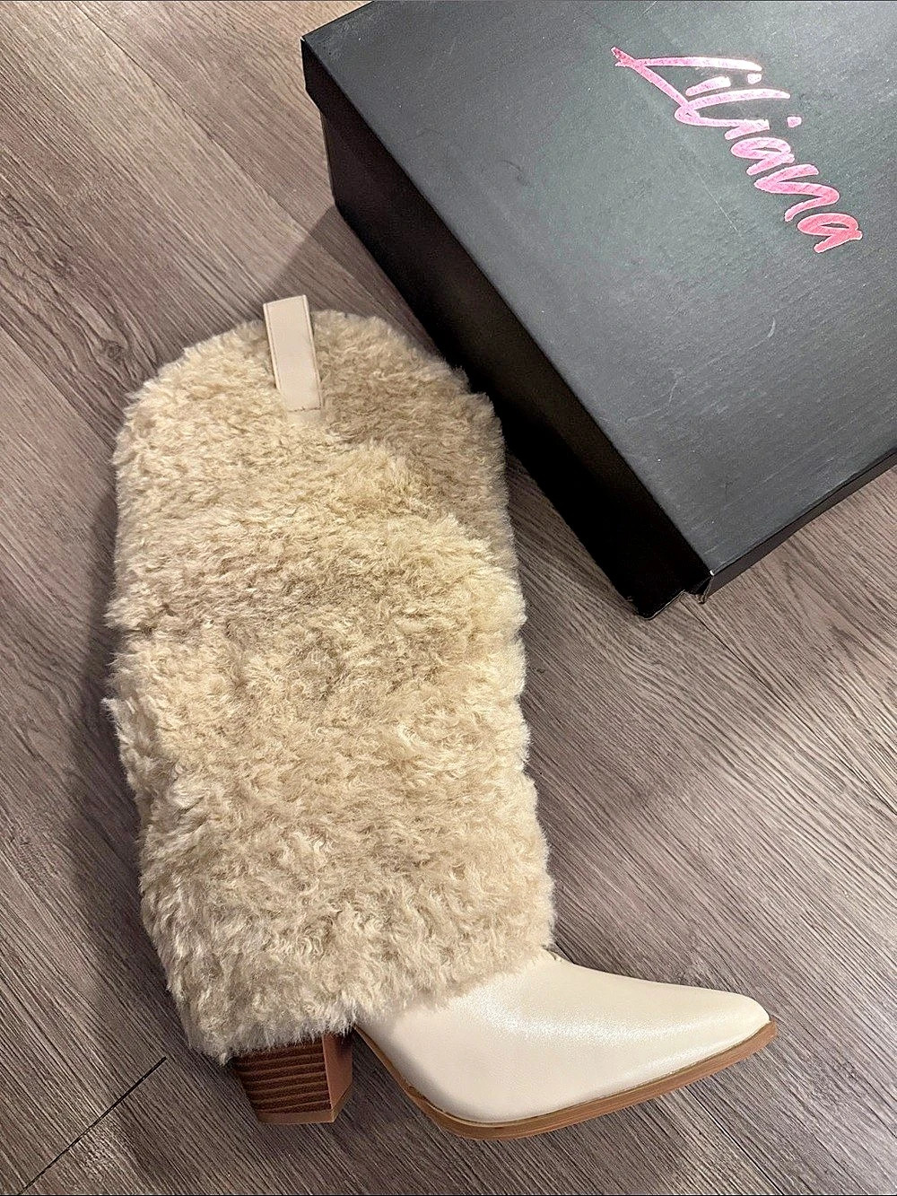 🔥Liliana Coleen-4 Faux Fur Over-the-Knee Boots Cream 😎BRAND NEW ❣️